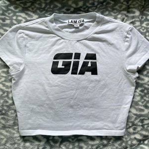 I AM GIA white logo crop top baby tee